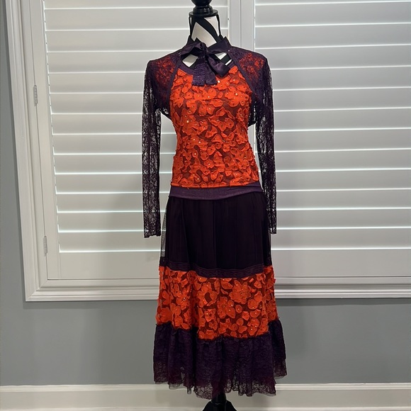 VINTAGE 90S RETRO ORANGE PURPLE LACE THREE PIECE TOP SKIRT - Picture 15 of 16